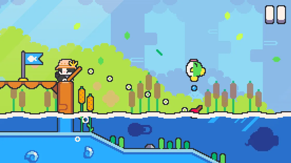 Nível ribeirinho de Super Cat Tales: PAWS com bandeira de meta sobre a água