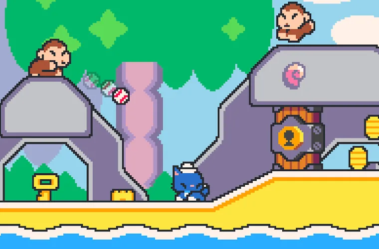 Fase de pedra em Super Cat Bros com plataformas e escadas