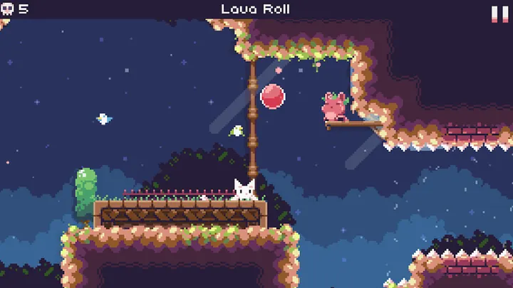 Sala subterrânea de Cat Bird com plataformas de pixéis e luz alaranjada
