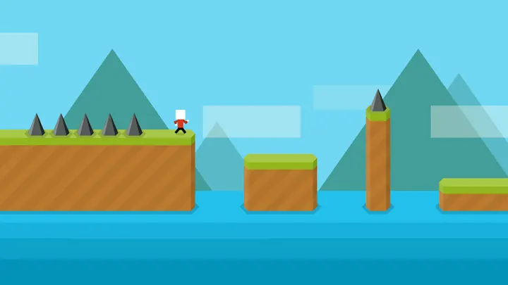Fase plana de Mr Jump com montanhas ao fundo e plataformas simples