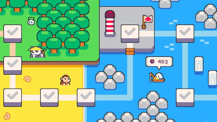 Nível colorido de Super Cat Bros com gatos e plataformas flutuantes