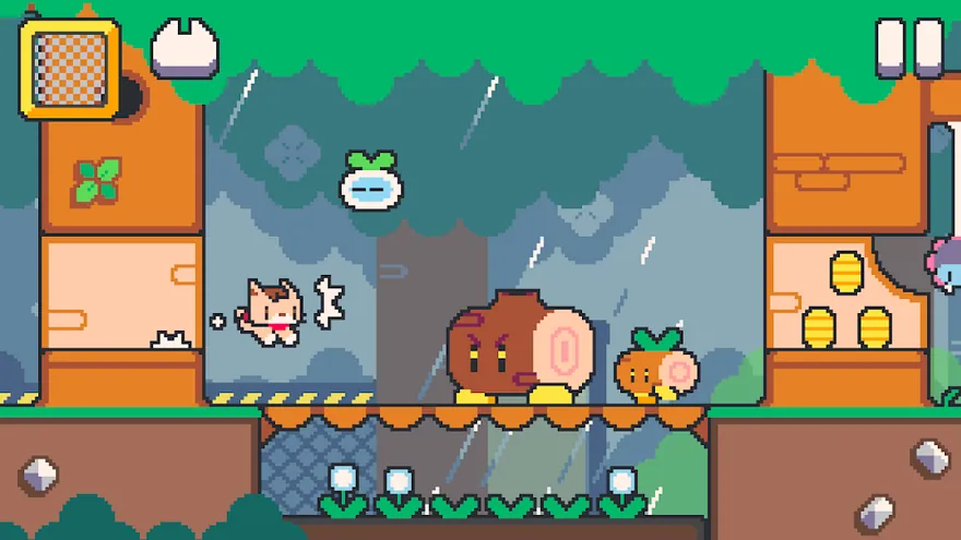 Floresta com chuva em Super Cat Tales: PAWS e um gato a correr sobre troncos