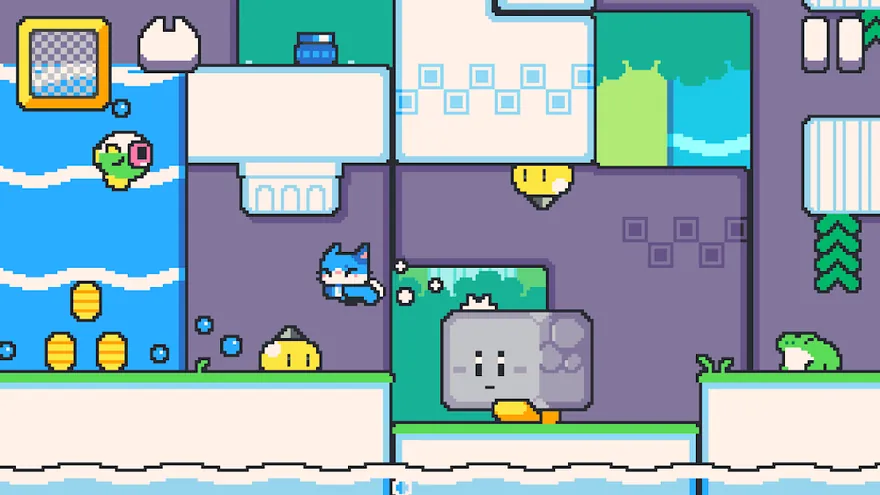 Zona subaquática de Super Cat Tales: PAWS com plataformas sobre água azul